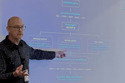 Joseph Kiniry presenting the HOARDE architecture diagram at HCSS 2026 in Annapolis